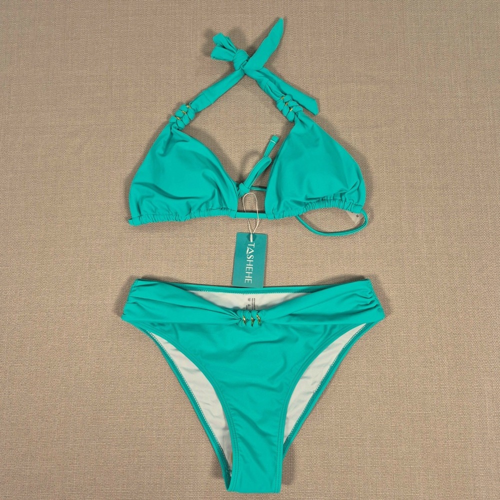 Tashehe Women Teal Triangle Halter Bikini Set Gold Ring Detail Size M NWT